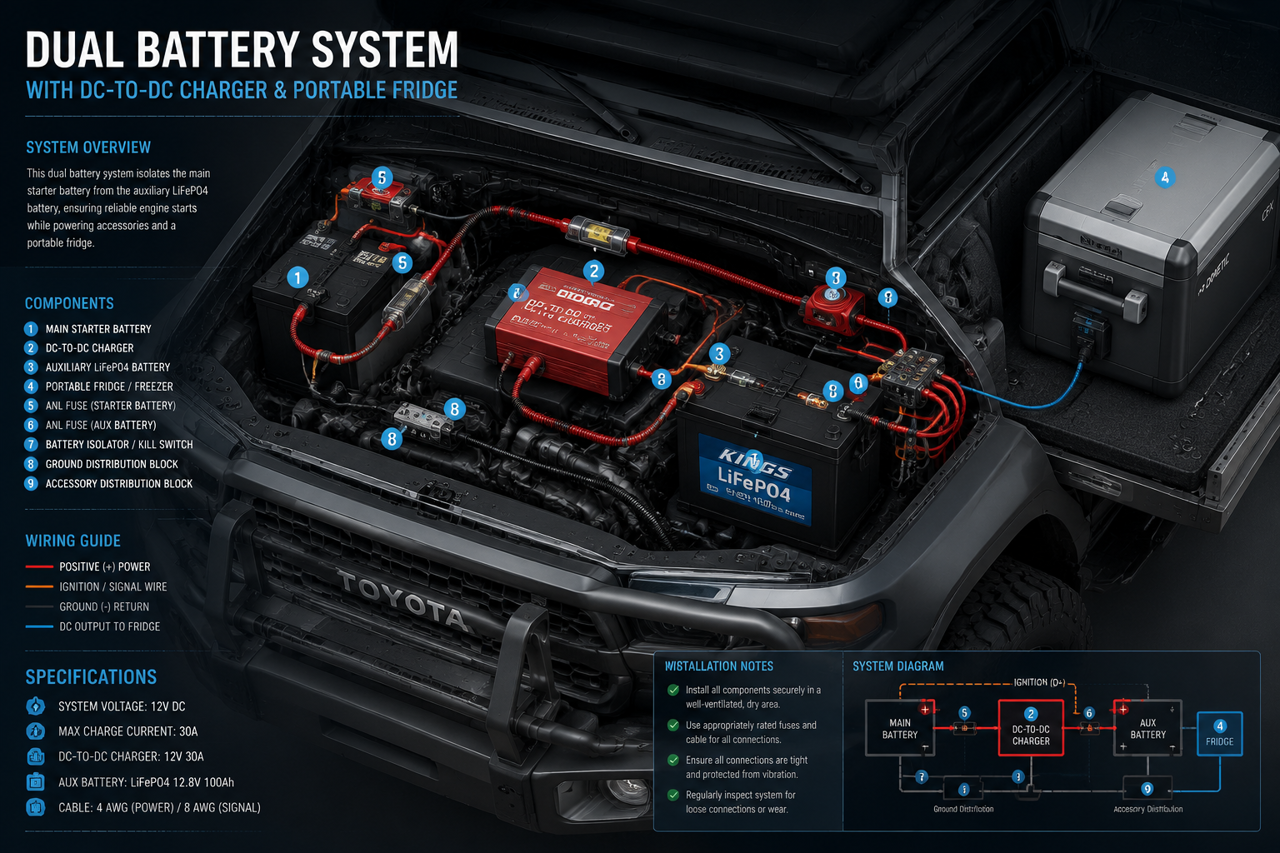 معماری سیستم برق دوم خودرو (Dual Battery Setup) برای تغذیه یخچال؛ راهنمای جامع محاسبات و سیم‌کشی